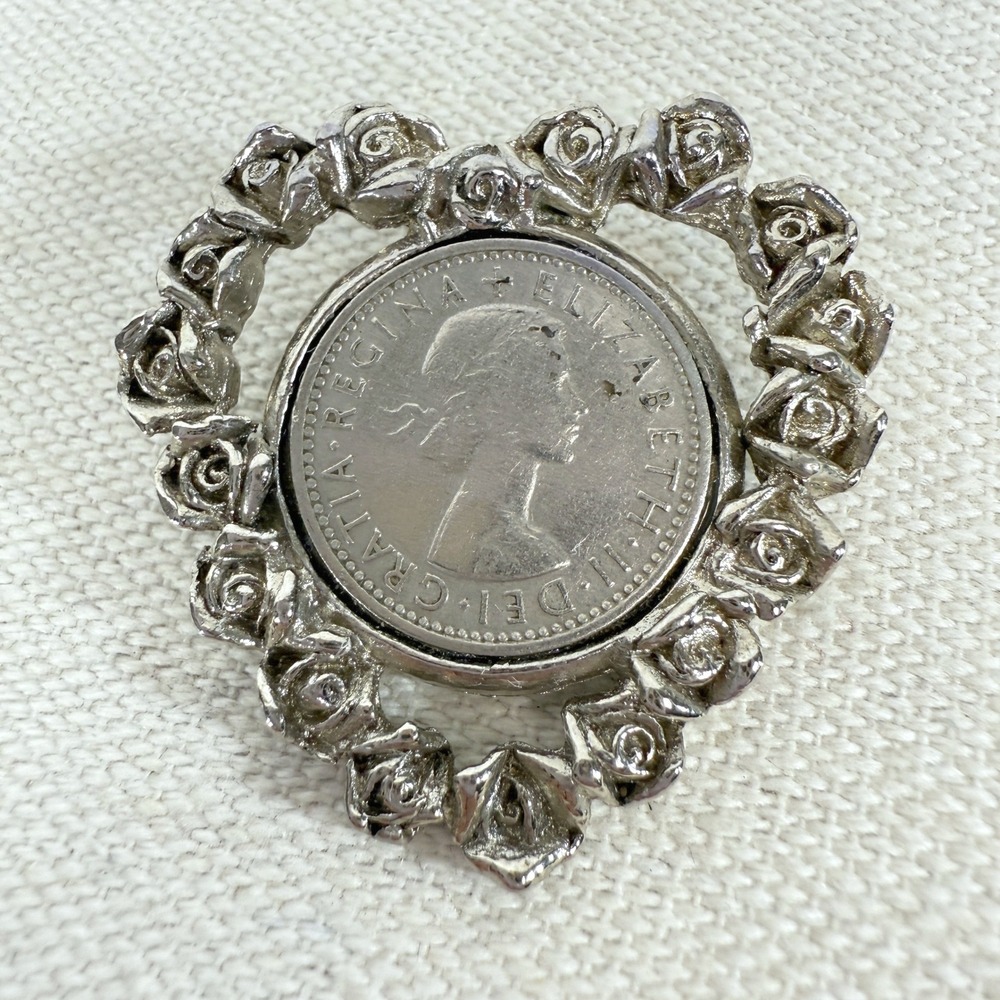 Vintage Coin Pendant Rose Flower Elizabeth II Six Pence‎ 1964 Silver Tone